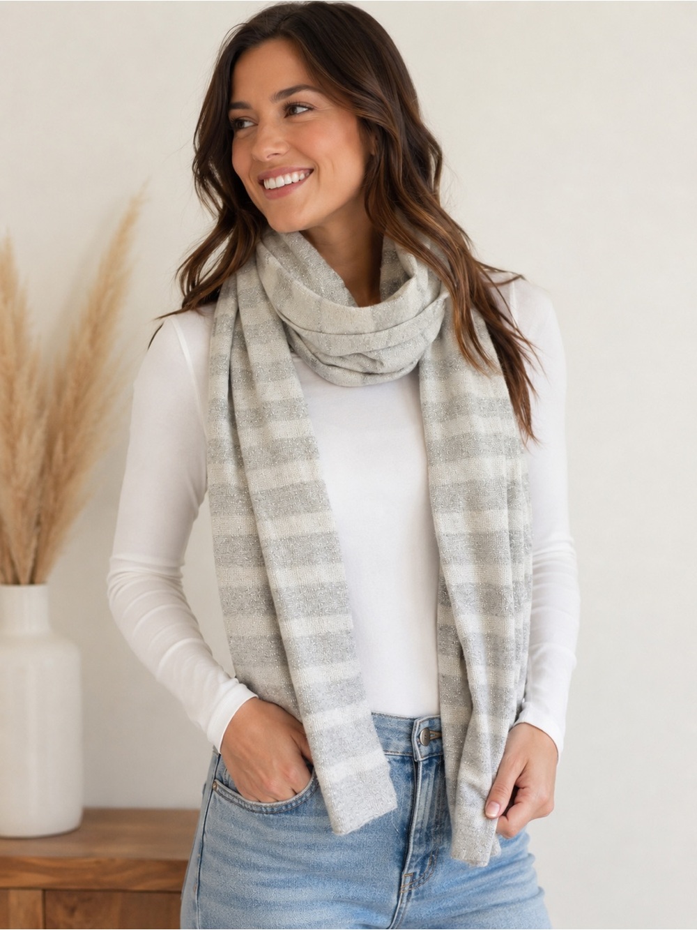 Cozy Striped Knit Scarf in Light Gray & White